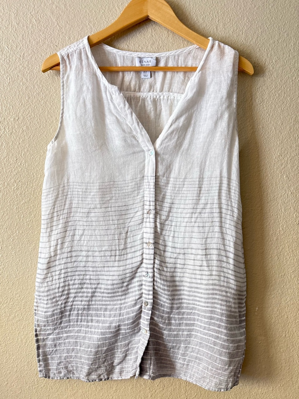Kenar 100% Linen Ombre Button Front Tank Medium White Gray Airy Sleeveless Top